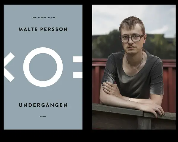 Malte Perssons bok "Undergången" med en bild på författaren. Kanske en versmått lista av dikter.