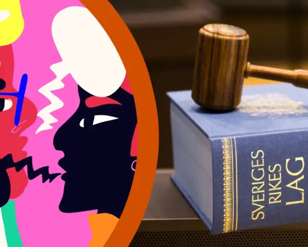 Månntro eller måntro, en illustration av två ansikten i profil med pratbubblor möter en domarklubba på Sveriges Rikes Lag.