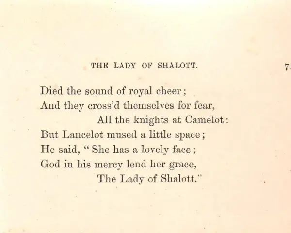 Text från "The Lady of Shalott" i jambisk pentameter. Lancelot beundrar hennes skönhet.