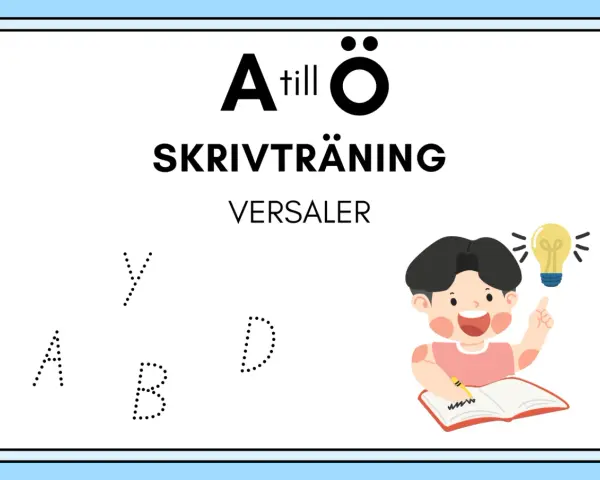 Skrivträning med versal bokstav A, B, D, Y. En glad pojke med en glödlampa över huvudet skriver i en bok.