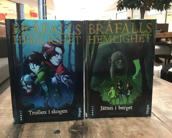 Två böcker, "Trollen i skogen" och "Jätten i berget", med fantasifulla illustrationer. Ett allegori exempel på äventyr.