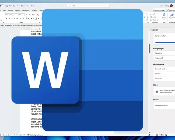 Microsoft Word-fönster med en stor blå "W"-ikon. Editor-panelen visar 83% resultat och förslag för stavning och grammatik, en talstreck-funktion.