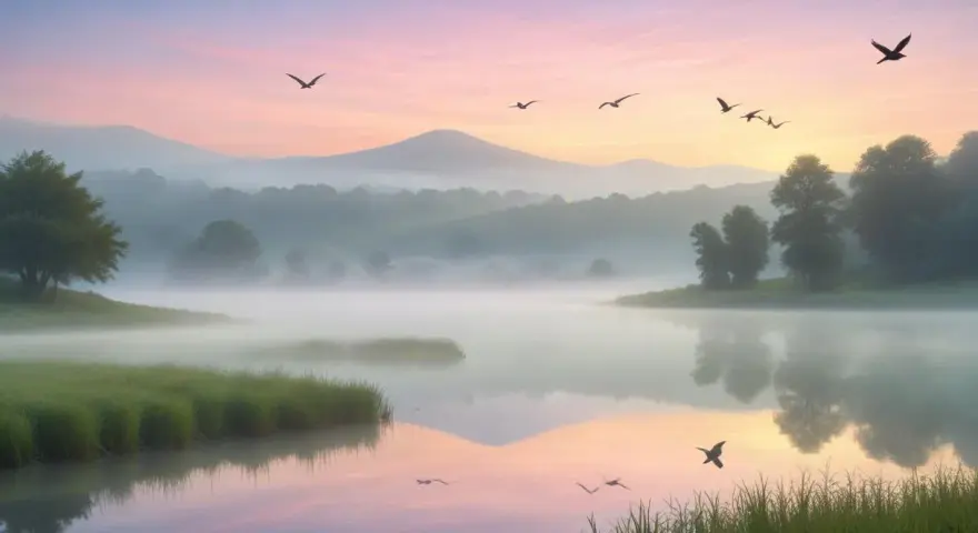 Fåglar flyger över en dimmig sjö i gryningen. Morgonens rosa och blå himmel speglas i vattnet.