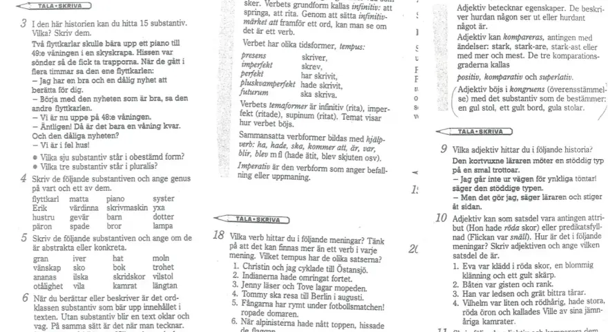 Svenska ordklasser: substantiv, verb och adjektiv förklaras. Exempel på hur de används i meningar ges.