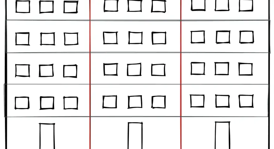 A diagram of a building with three vertical sections, each with four rows of square windows and one rectangular door.