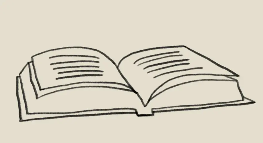 A simple black and white sketch of an open book with lines representing text on the pages.