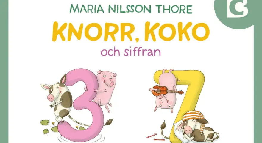 En bok med roliga dikter som rimmar, där kor och grisar leker med siffror.