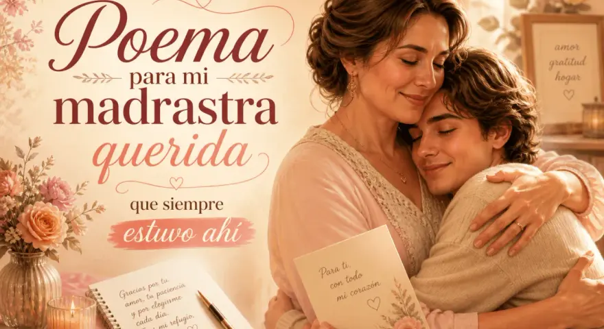 En varm kram mellan en kvinna och en ung man, med texten "Poema para mi madrastra querida" och "Para ti, con todo mi corazón". En hyllning till en älskad styvmor.