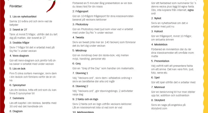 Meny med förrätter, huvudrätter och desserter. En gåta synonym kan vara att hitta ett ord som betyder samma sak.