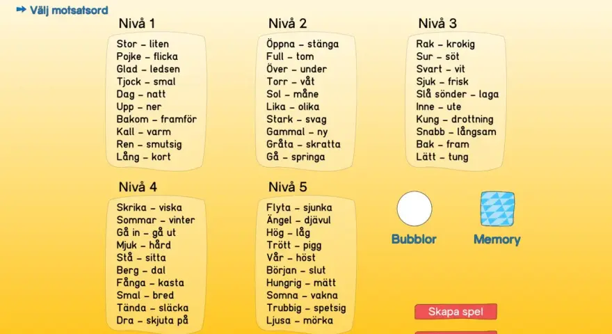 Spel med ord som är motsats till varandra, uppdelat i nivåer. Här finns ord som "stor - liten" och "sjuk - frisk".
