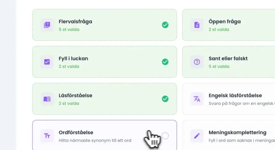 Kort med "Ordförståelse" som beskriver hur man hittar närmaste synonym till ett ord.