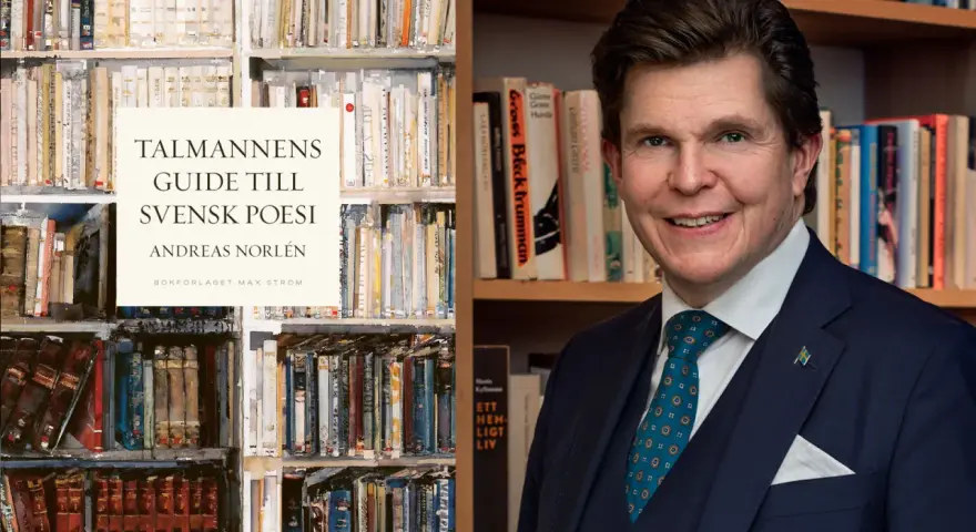 Andreas Norlén presenterar "Talmannens guide till svensk poesi" bland bokhyllor, en hyllning till fallande versfot.