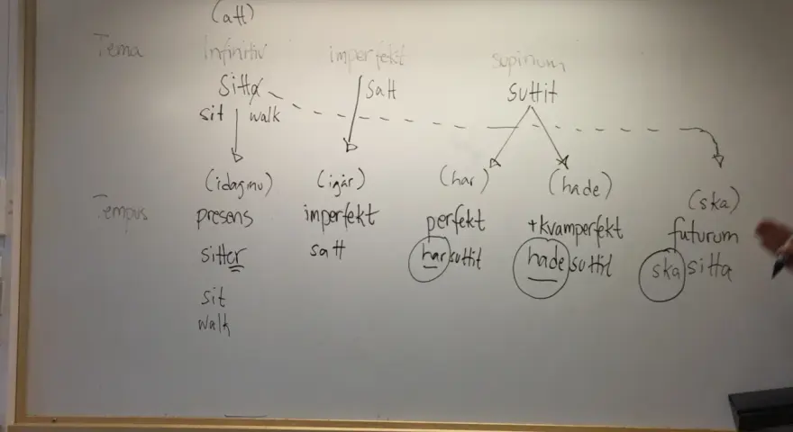 Whiteboard with Swedish verb conjugations and tenses written in English and Swedish.