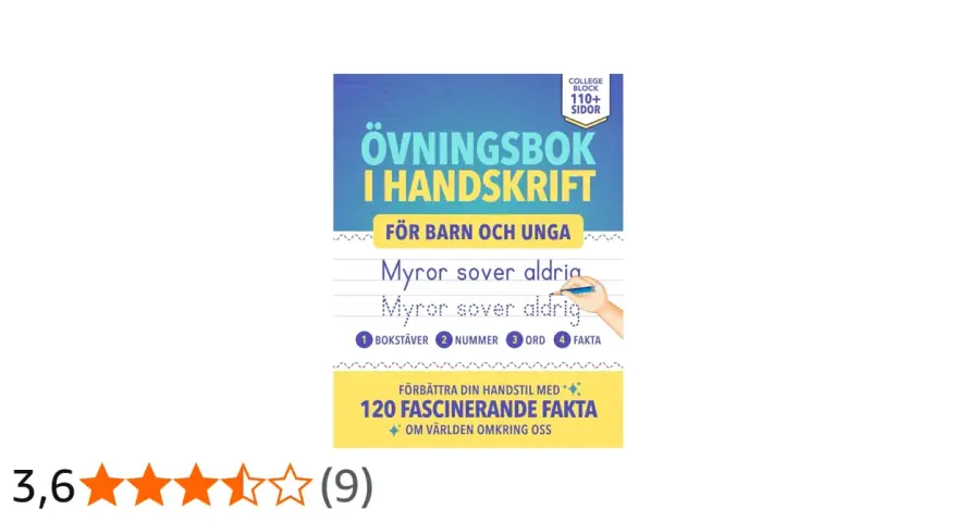 Övningsbok i handskrift för barn och unga. Öva på m skrivstil med texten "Myror sover aldrig". Innehåller bokstäver, nummer, ord och fakta.