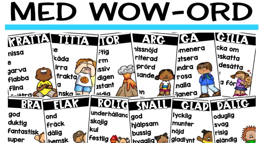 En färgstark plansch med rubriken "Bygg upp ordförrådet med WOW-ord". Flera ordkategorier visas med illustrationer, en beskrivande text om en plats.