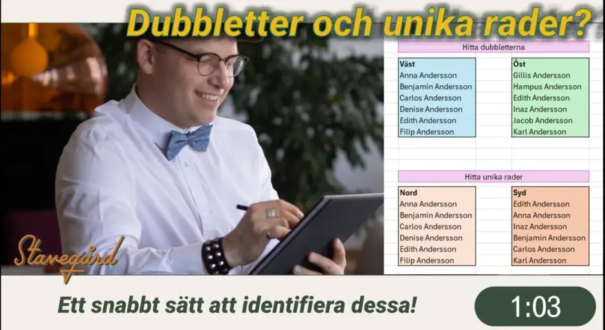 Man med glasögon och fluga letar dubbletter i en lista. En snabb metod för att identifiera dubbletter i stavning.
