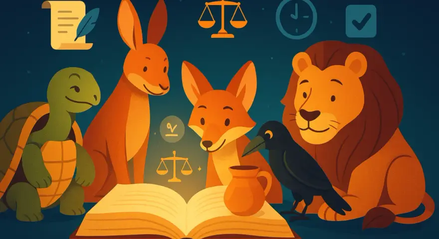 En sköldpadda, hare, räv, kråka och lejon samlas runt en öppen bok, redo att höra en fabel.