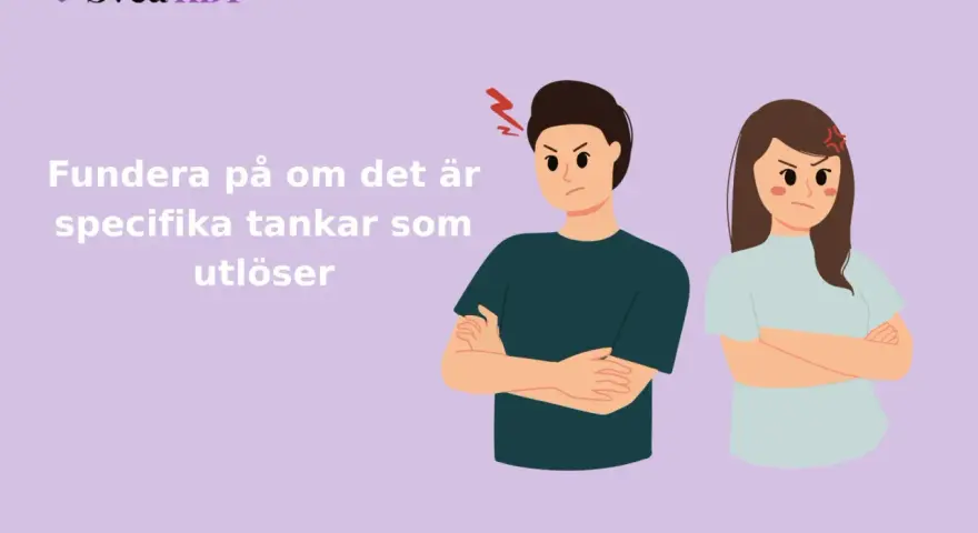 Två arga personer med armarna i kors. Texten uppmanar att fundera på tankar som utlöser ilska, ett synonym till vred.