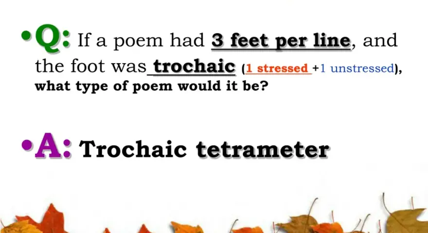 Fråga om en dikt med tre fötter per rad och en **tvåstavig versfot** (trokaisk) skulle vara en trokaisk tetrameter.