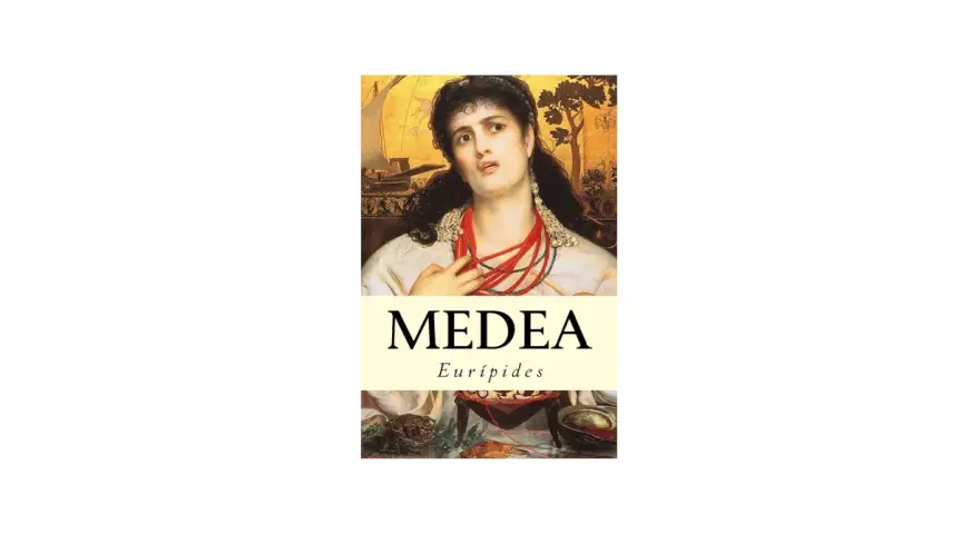 Medea, en tragisk gestalt från Euripides drama, avbildad med dramatiskt uttryck och röda halsband.