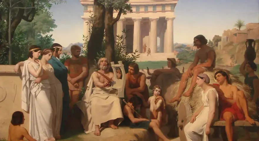 En scen från antiken litteraturhistoria: en man spelar lyra för en grupp människor framför ett tempel.
