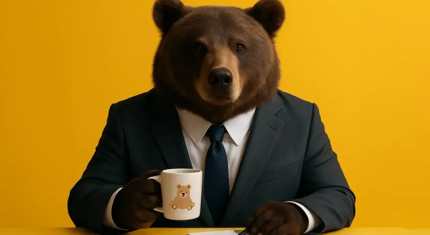 En björn i kostym sitter vid ett gult bord med en mugg och en anteckningsbok. Han funderar på hur lång ska en inledning vara.