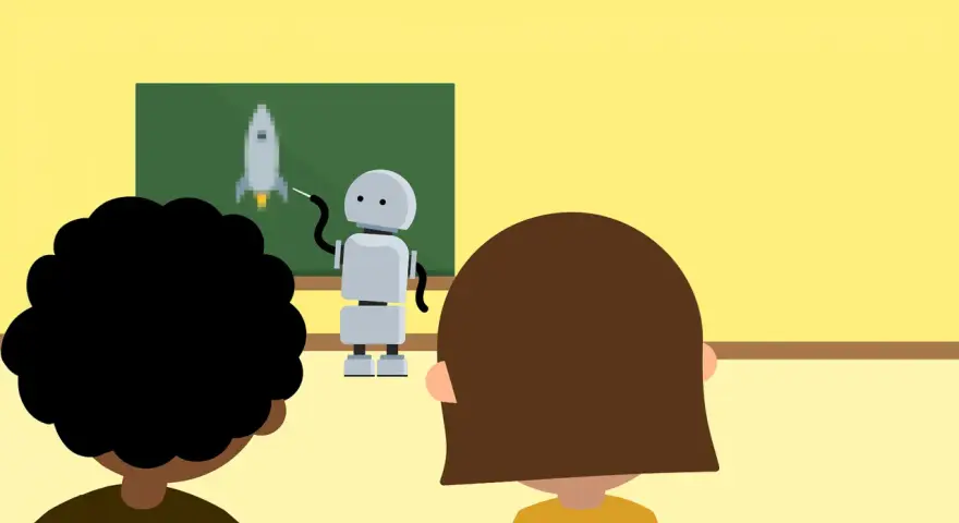 En robot lär barn om raketer på en griffeltavla. En sammanfattning av en lektion.