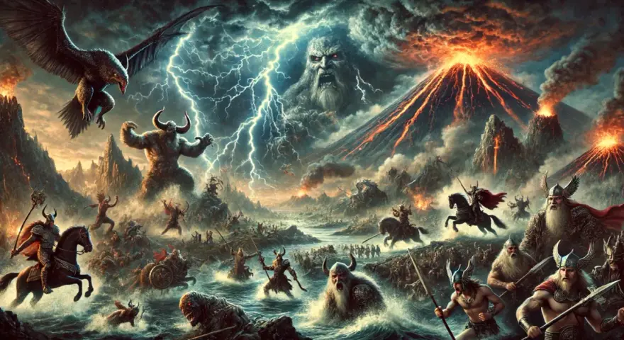 En episk strid utspelar sig under ett åskväder med en jätte och vulkaner. En rad i dikt om Ragnarök.