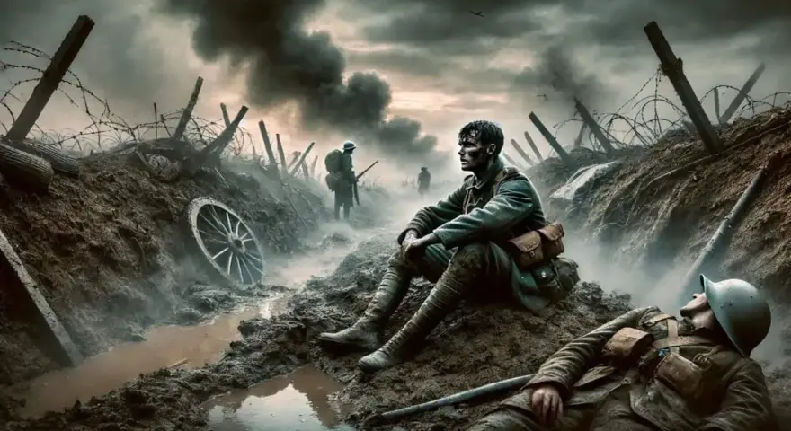 En soldat sitter i en lerig skyttegrav, en annan ligger orörlig. Scenen, med taggtråd och rök, fångar krigets brutala naturalismen litteratur.