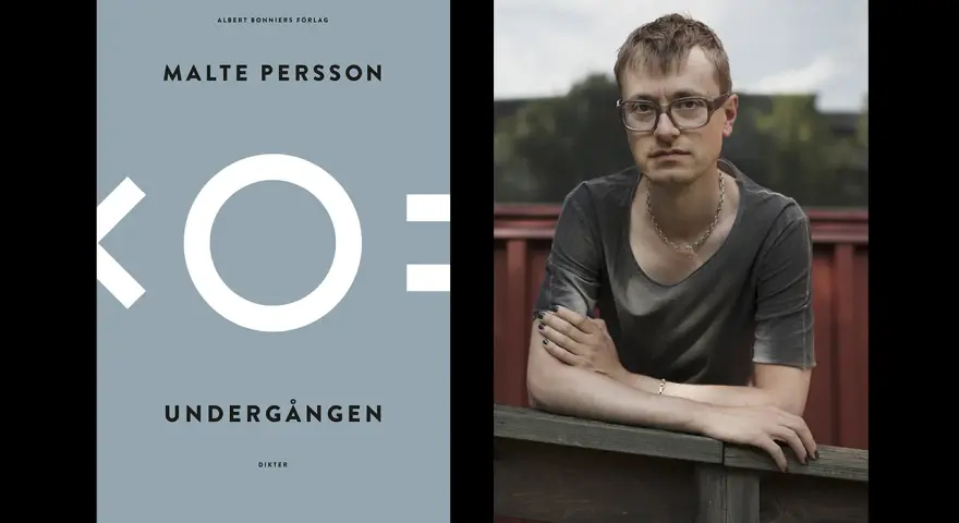 Malte Perssons bok "Undergången" med en bild på författaren. Kanske en versmått lista av dikter.