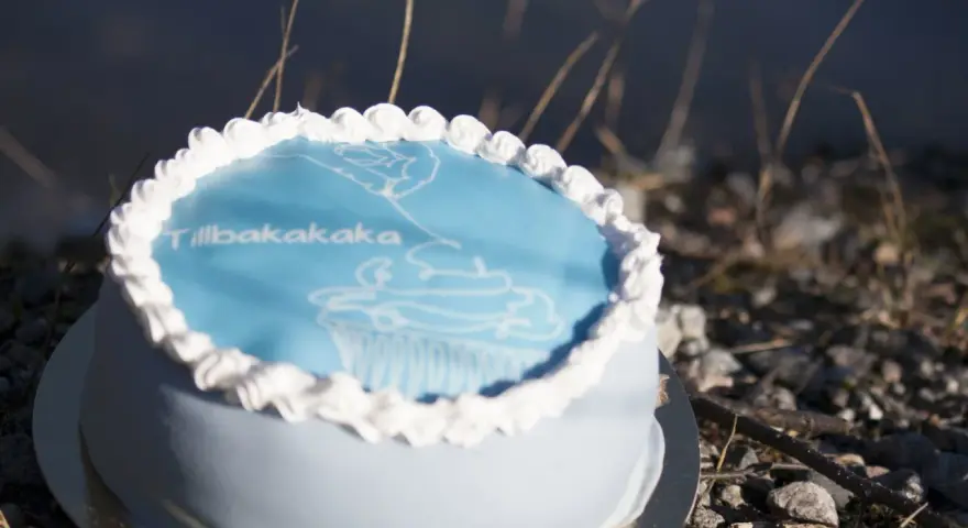 En ljusblå tårta med vitt kristyr och texten "Tillbakakaka". En perfekt synonym för att fira återkomsten med en god bit.
