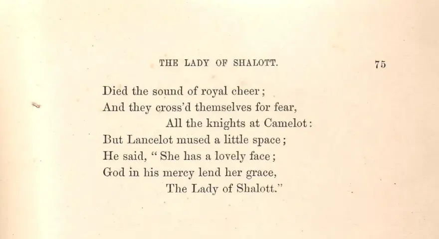 Text från "The Lady of Shalott" i jambisk pentameter. Lancelot beundrar hennes skönhet.