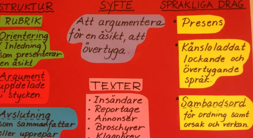 En mall för argumenterande text visar struktur, syfte och språkliga drag. Perfekt för att lära sig skriva en övertygande text.