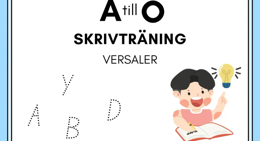 Skrivträning med versal bokstav A, B, D, Y. En glad pojke med en glödlampa över huvudet skriver i en bok.