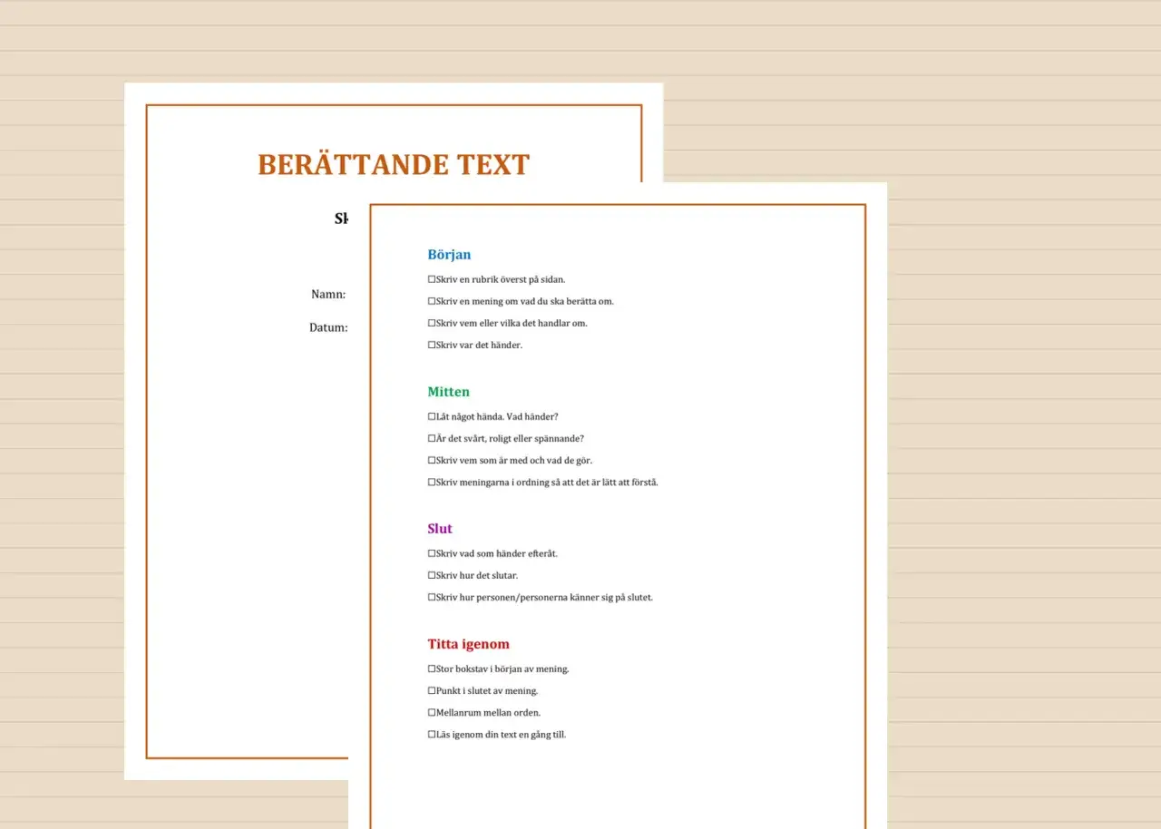 En checklista f&ouml;r att skriva en ber&auml;ttande text, med sektioner f&ouml;r b&ouml;rjan, mitten, slut och genomg&aring;ng. Ger informerande text om hur man bygger upp en ber&auml;ttelse.