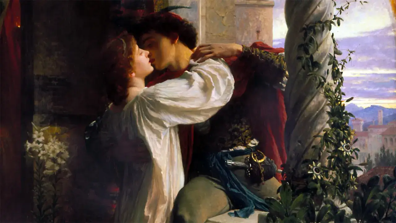 En ung kvinna och man kysser varandra passionerat. En p&aring;minnelse om vem som skrev Romeo och Julia.
