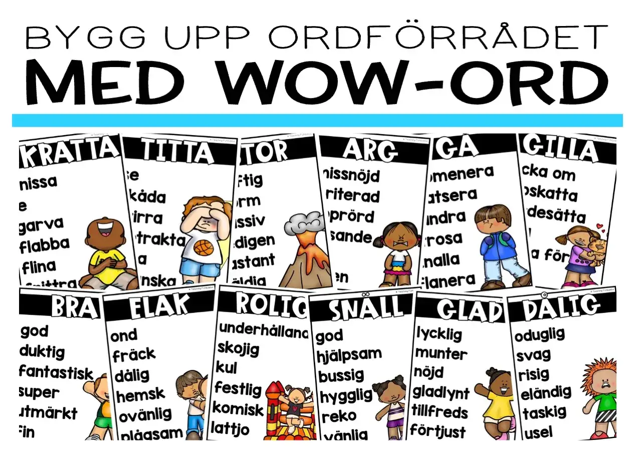 Affisch med ordlistor f&ouml;r att bygga ordf&ouml;rr&aring;d. Varje ordlista har en rubrik, illustration och synonymer, som en g&aring;ta synonym.