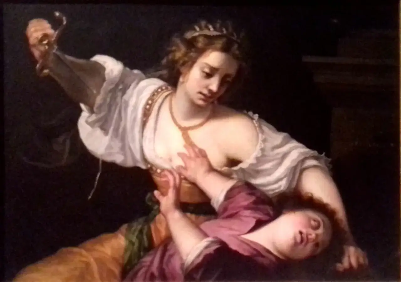 Medea, med en dolk i handen, st&aring;r &ouml;ver en fallen person. En dramatisk scen som skildrar Medeas h&auml;mnd.