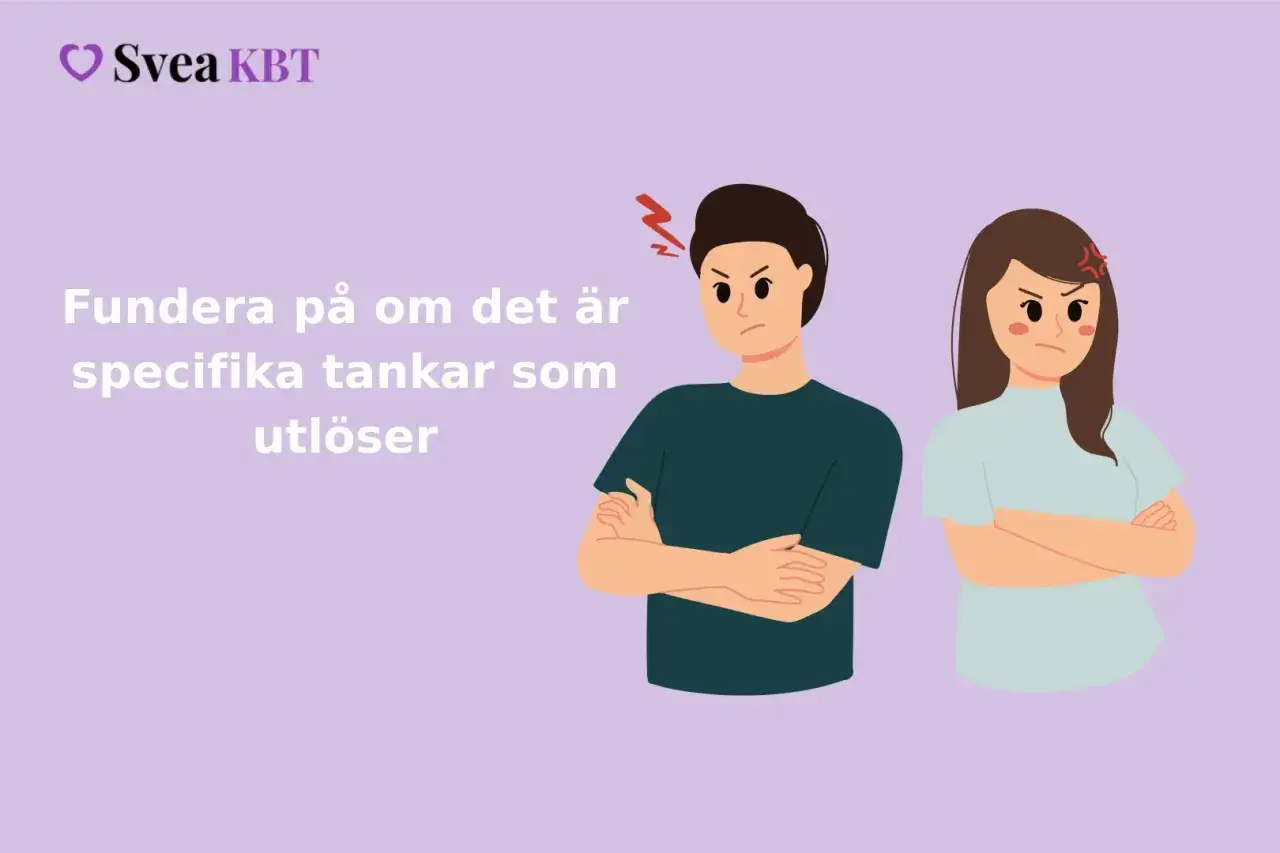 Tv&aring; arga personer med armarna i kors. Texten uppmanar att fundera p&aring; tankar som utl&ouml;ser ilska, ett synonym till vred.