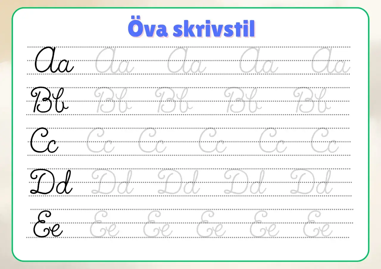 &Ouml;va skrivstil: &ouml;vningsblad med kursiva bokst&auml;verna A, B, C, D, E. Perfekt f&ouml;r att tr&auml;na f skrivstil.