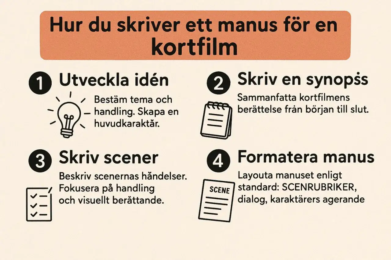 Steg f&ouml;r hur du skriver ett manus f&ouml;r en kortfilm: utveckla id&eacute;, skriv synopsis, skriv scener och formatera manus.