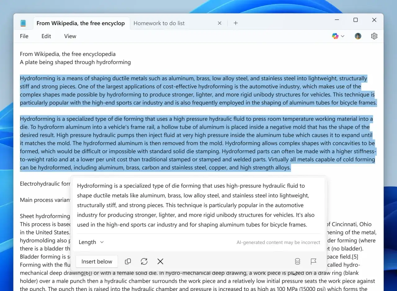 En text om hydroformning, en metod för att forma metaller. Texten beskriver processen och dess användningsområden, som inom bilindustrin.