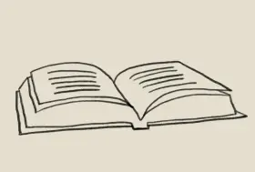 A simple black and white sketch of an open book with lines representing text on the pages.