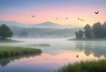 Fåglar flyger över en dimmig sjö i gryningen. Morgonens rosa och blå himmel speglas i vattnet.