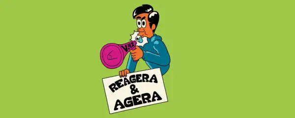 En person med megafon och en skylt med texten "Reagera & agera". En sann visselblåsare synonym som uppmanar till handling.