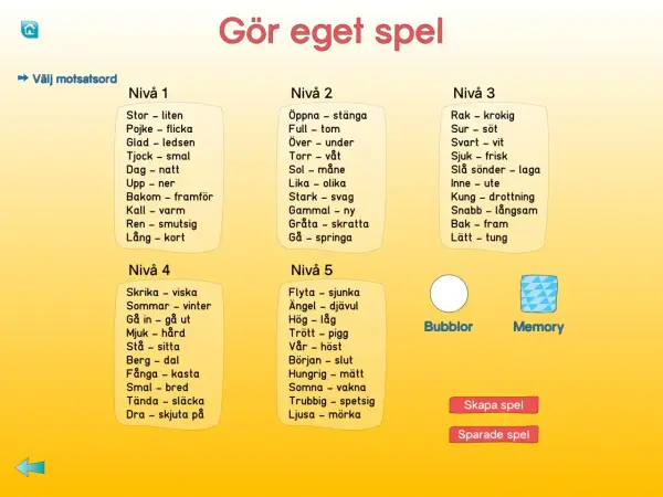 Spel med ord som är motsats till varandra, uppdelat i nivåer. Här finns ord som "stor - liten" och "sjuk - frisk".