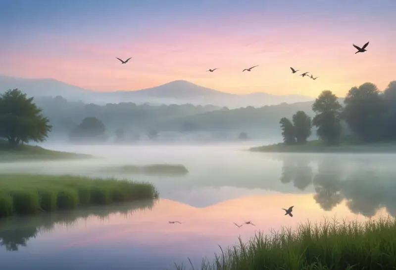 Fåglar flyger över en dimmig sjö i gryningen. Morgonens rosa och blå himmel speglas i vattnet.