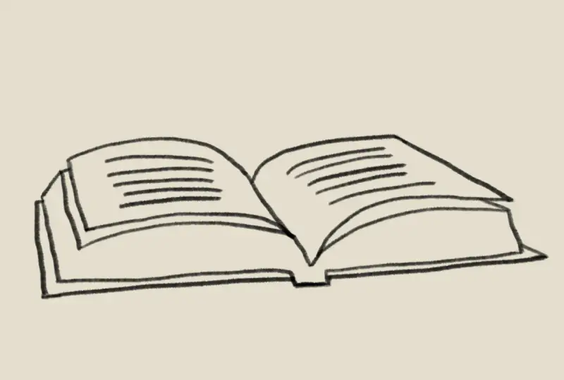 A simple black and white sketch of an open book with lines representing text on the pages.